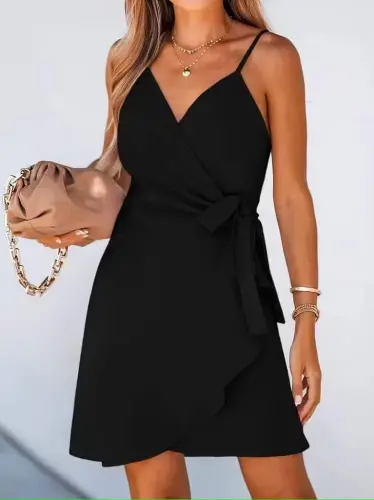 Women's Spaghetti Strap Wrap Neck Belted Short Shimmer Crepe Dress - 3