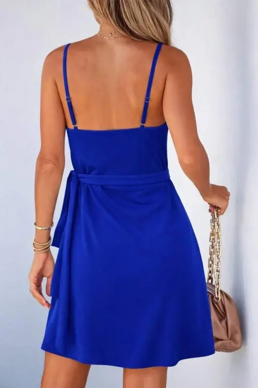 Women's Spaghetti Strap Wrap Neck Belted Short Shimmer Crepe Dress - 3