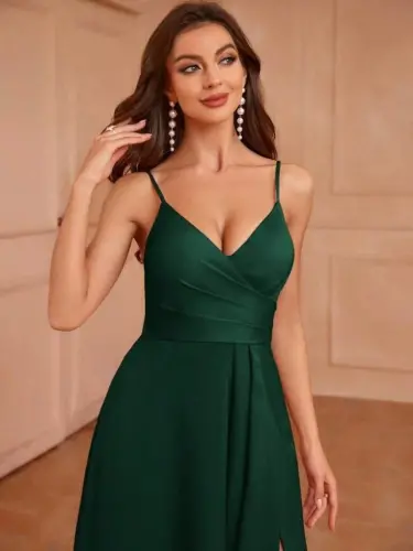 Women's Spaghetti Strap Wrap Neck Slit Long Imported Crepe Dress - 6