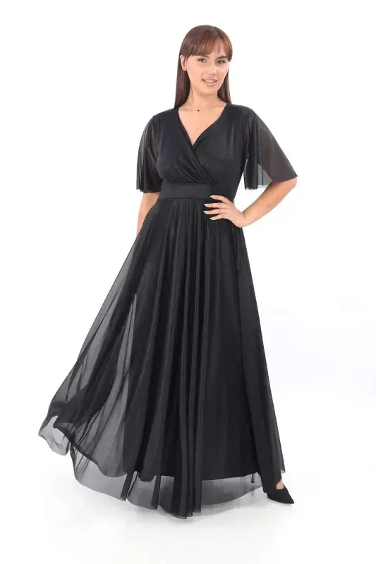 Women's Sparkling Tulle Stretchy V-Neck Ruffle Sleeve Long Elegant Black Evening Dress 3051 - 2