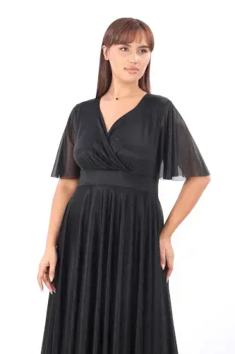 Women's Sparkling Tulle Stretchy V-Neck Ruffle Sleeve Long Elegant Black Evening Dress 3051 - 3