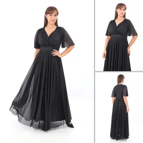 Women's Sparkling Tulle Stretchy V-Neck Ruffle Sleeve Long Elegant Black Evening Dress 3051 - 4
