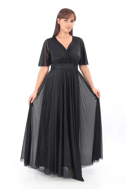 Women's Sparkling Tulle Stretchy V-Neck Ruffle Sleeve Long Elegant Black Evening Dress 3051 - 5