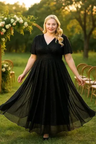 Women's Sparkling Tulle Stretchy V-Neck Ruffle Sleeve Long Elegant Black Evening Dress 3051 - 1