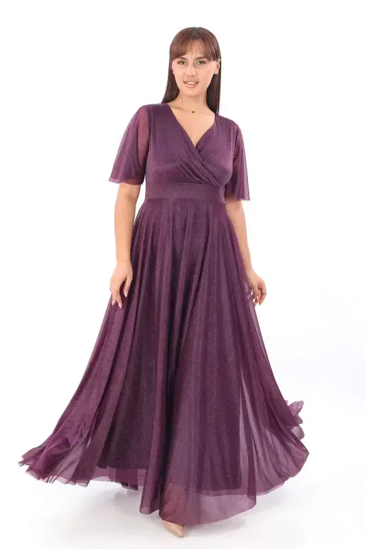 Women's Sparkly Tulle Stretchy Wrap V-Neck Ruffle Sleeve Long Elegant PURPLE Party Dress KL3051 - BÜYÜKBEDENIZ