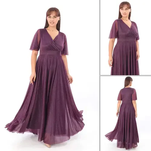 Women's Sparkly Tulle Stretchy Wrap V-Neck Ruffle Sleeve Long Elegant PURPLE Party Dress KL3051 - BÜYÜKBEDENIZ (1)