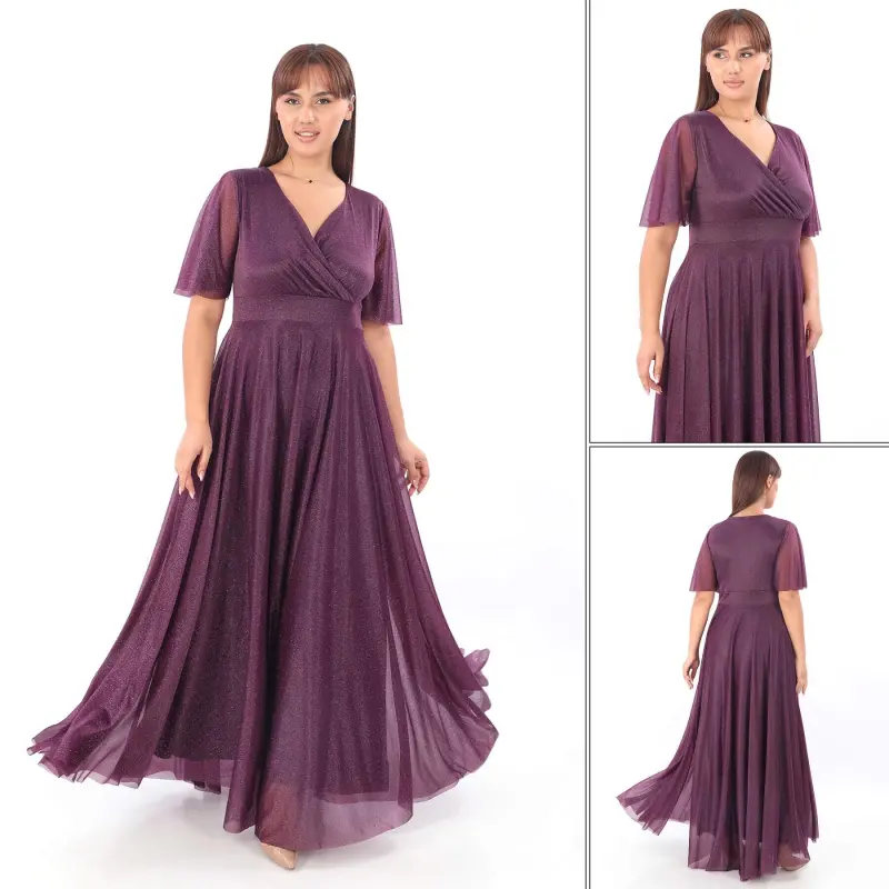 Women's Sparkly Tulle Stretchy Wrap V-Neck Ruffle Sleeve Long Elegant PURPLE Party Dress KL3051 - 2