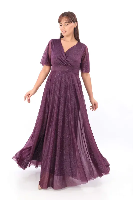 Women's Sparkly Tulle Stretchy Wrap V-Neck Ruffle Sleeve Long Elegant PURPLE Party Dress KL3051 - 3