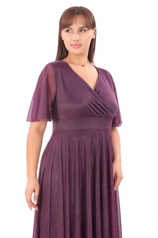 Women's Sparkly Tulle Stretchy Wrap V-Neck Ruffle Sleeve Long Elegant PURPLE Party Dress KL3051 - 4