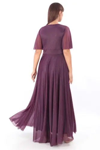 Women's Sparkly Tulle Stretchy Wrap V-Neck Ruffle Sleeve Long Elegant PURPLE Party Dress KL3051 - 5