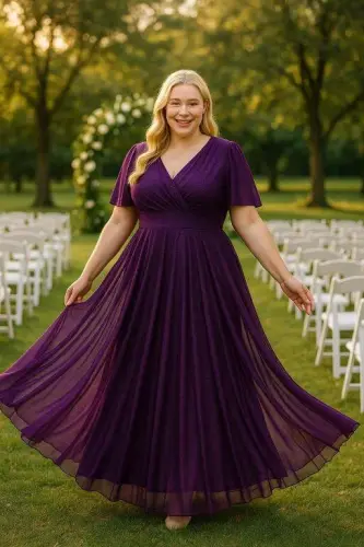 Women's Sparkly Tulle Stretchy Wrap V-Neck Ruffle Sleeve Long Elegant PURPLE Party Dress KL3051 - 6