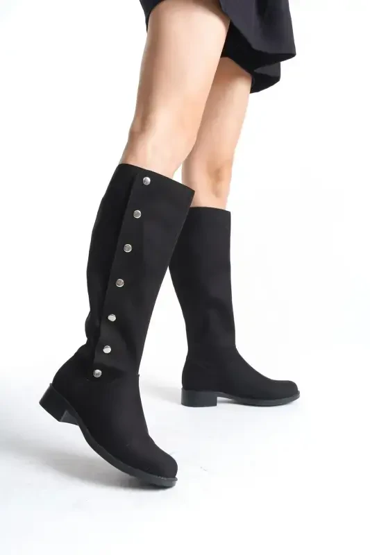Women's Special Design Buttoned Design Suede Boots-Black Suede - SHOESERS