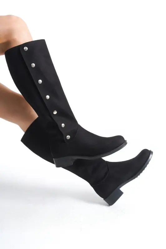 Women's Special Design Buttoned Design Suede Boots-Black Suede - 3