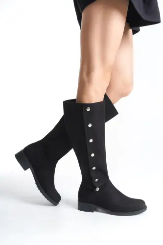 Women's Special Design Buttoned Design Suede Boots-Black Suede - 4