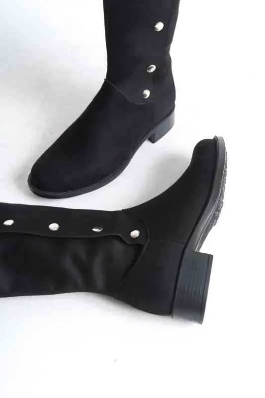 Women's Special Design Buttoned Design Suede Boots-Black Suede - 5