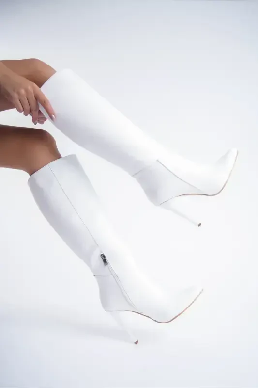 Women's Special Design Pointed Toe Half Zipper Stiletto High Heel Boots-White - 2