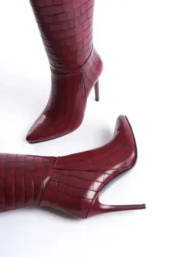 Women's Special Design Pointed Toe Half Zipper Stiletto High Heel Crocodile Boots-Burgundy Croco - 3