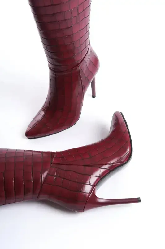 Women's Special Design Pointed Toe Half Zipper Stiletto High Heel Crocodile Boots-Burgundy Croco - 3