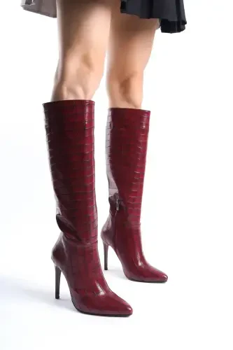 Women's Special Design Pointed Toe Half Zipper Stiletto High Heel Crocodile Boots-Burgundy Croco - 4