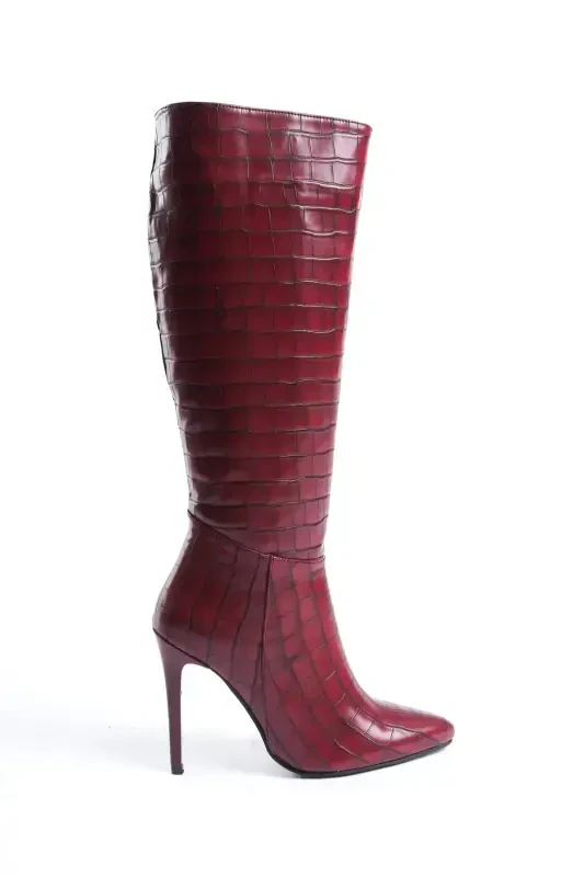 Women's Special Design Pointed Toe Half Zipper Stiletto High Heel Crocodile Boots-Burgundy Croco - 5