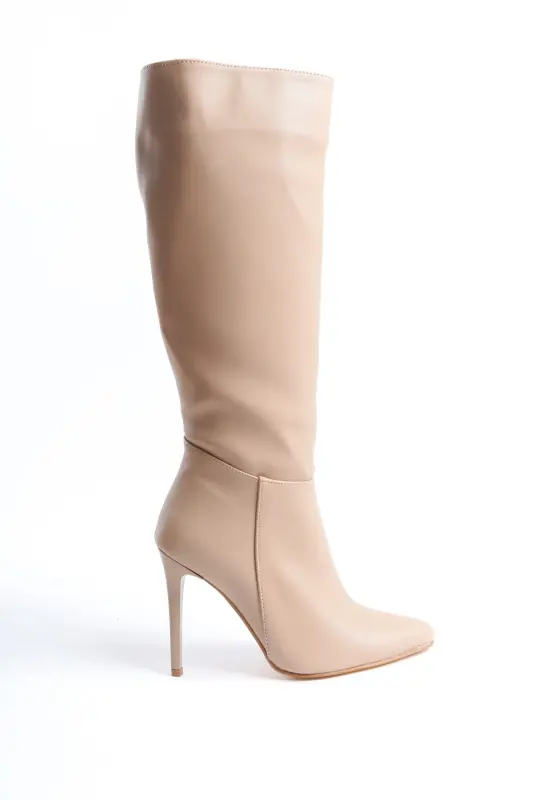 Women's Special Design Pointed Toe Half Zippered Thin High Heel Boot-Beige - SHOESERS