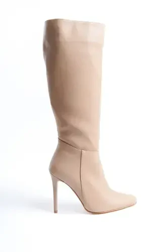 Women's Special Design Pointed Toe Half Zippered Thin High Heel Boot-Beige - 1