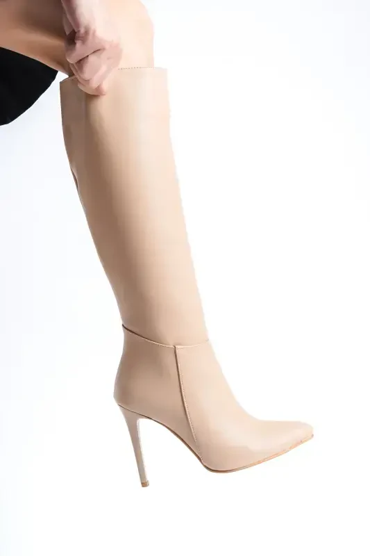 Women's Special Design Pointed Toe Half Zippered Thin High Heel Boot-Beige - 4