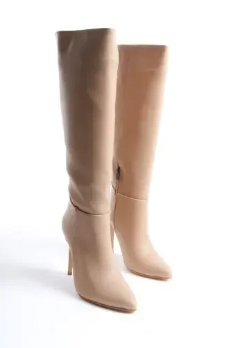 Women's Special Design Pointed Toe Half Zippered Thin High Heel Boot-Beige - 6