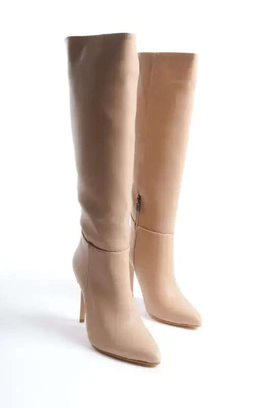 Women's Special Design Pointed Toe Half Zippered Thin High Heel Boot-Beige - 6
