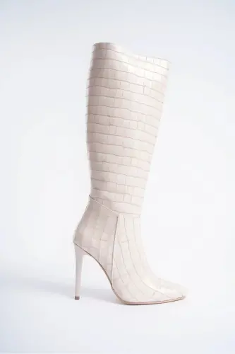 Women's Special Design Pointed Toe Half Zippered Thin High Heel Crocodile Boots-Beige Croco - 5