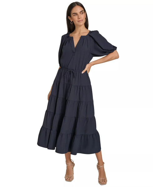 Women's Split-Neck Short-Sleeve Tiered Dress Indigo - 1