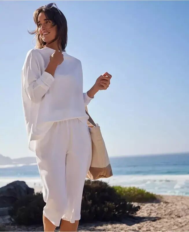 Women's Sport Knit High Rise Elastic Waist Capri Pants - White - Lands' End