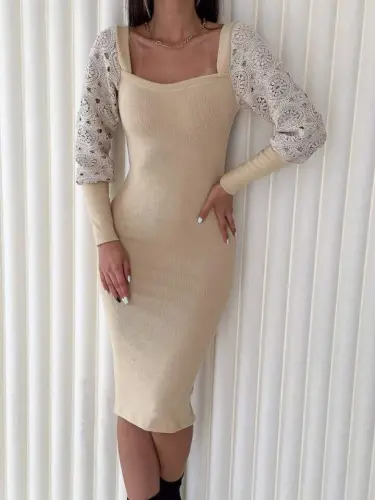 Women's Square Collar Cuffs and Tulle Detail Opportunity Product Midi Dress - 1