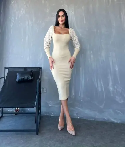 Women's Square Collar Cuffs and Tulle Detail Opportunity Product Midi Dress - BÜYÜKBEDENIZ (1)