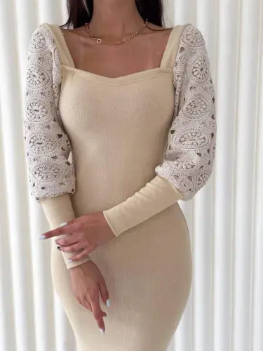 Women's Square Collar Cuffs and Tulle Detail Opportunity Product Midi Dress - 6