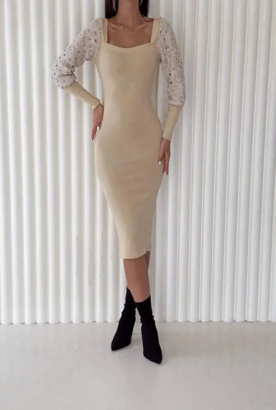 Women's Square Collar Cuffs and Tulle Detail Opportunity Product Midi Dress - 8