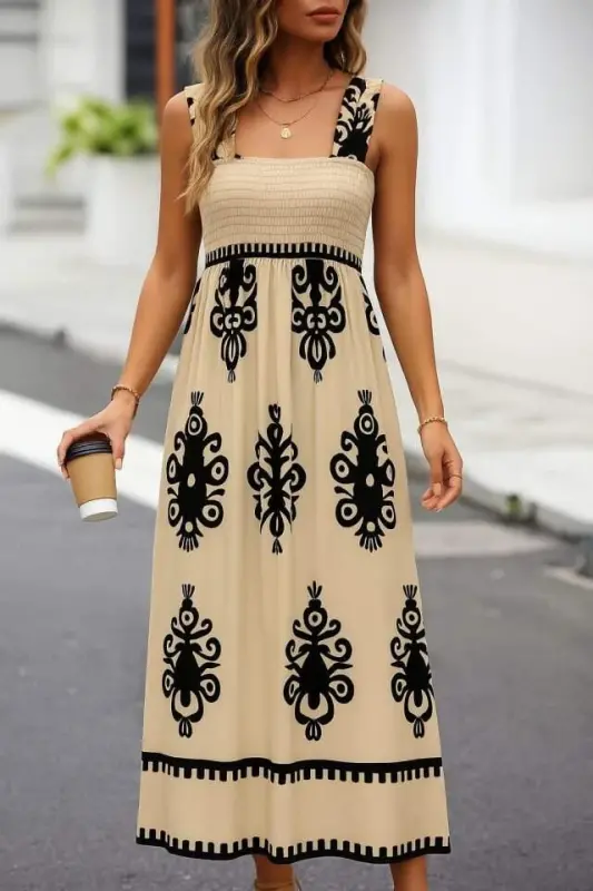 Women's Square Neck Gipe Detailed Patterned Suprem Dress - 1