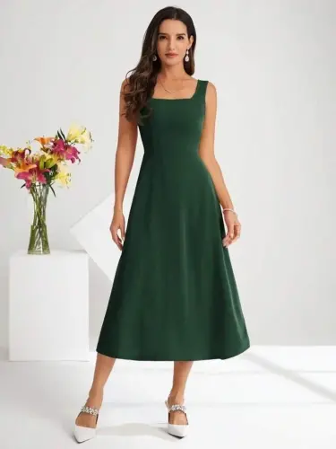 Women's Square Neck Midi Imported Crepe Dress - BÜYÜKBEDENIZ (1)