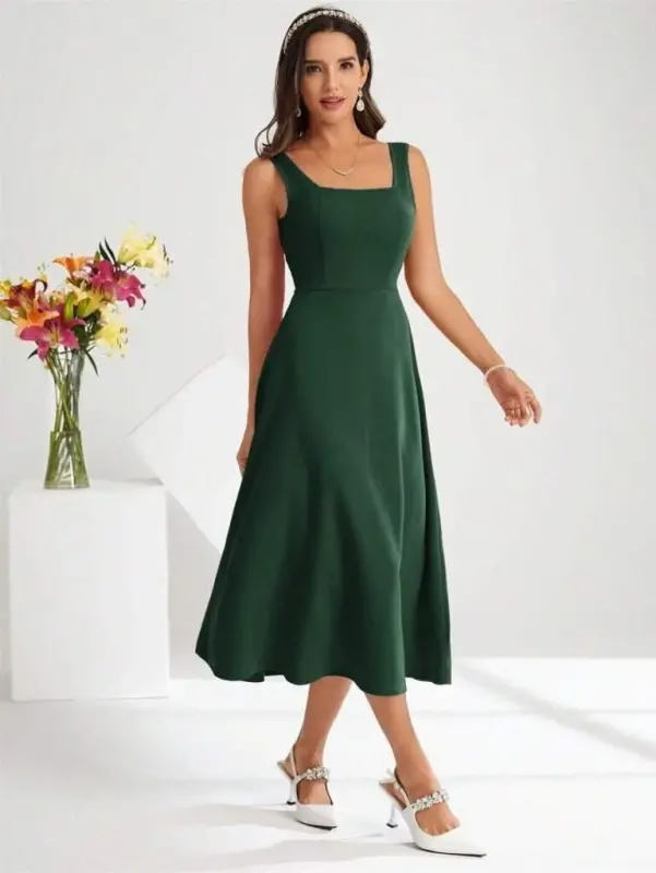 Women's Square Neck Midi Imported Crepe Dress - 3