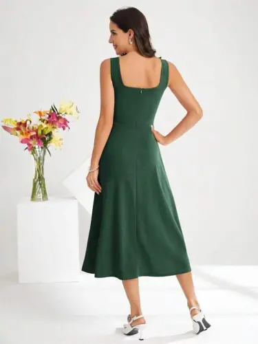 Women's Square Neck Midi Imported Crepe Dress - 4