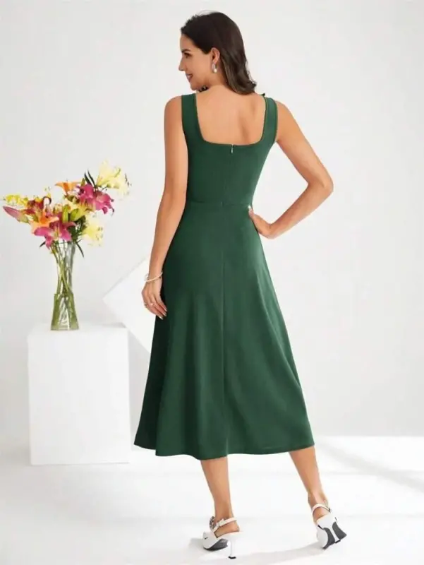 Women's Square Neck Midi Imported Crepe Dress - 4