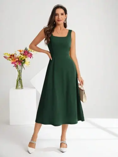 Women's Square Neck Midi Imported Crepe Dress - 5