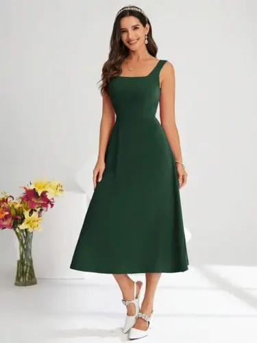 Women's Square Neck Midi Imported Crepe Dress - 6