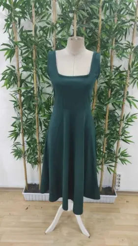 Women's Square Neck Midi Imported Crepe Dress - 7