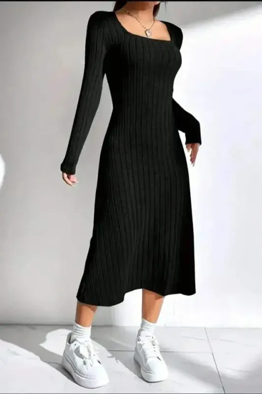 Women's Square Neck Ribbed Knit Fabric Midi Dress - BÜYÜKBEDENIZ