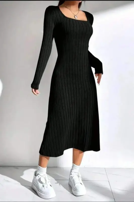 Women's Square Neck Ribbed Knit Midi Dress - BÜYÜKBEDENIZ