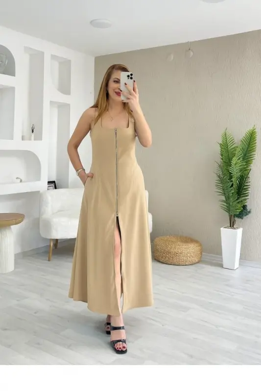 Women's Square Neck Sleeveless Front Zipper Wide Cut Janjan Crepe Dress - 3