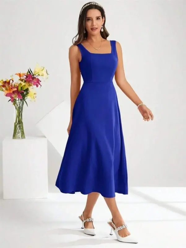 Women's Square Neck Sleeveless Midi Imported Crepe Dress - 2