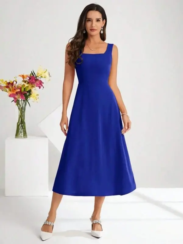 Women's Square Neck Sleeveless Midi Imported Crepe Dress - 3