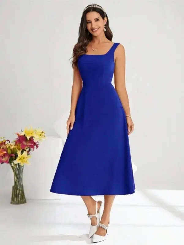 Women's Square Neck Sleeveless Midi Imported Crepe Dress - 4